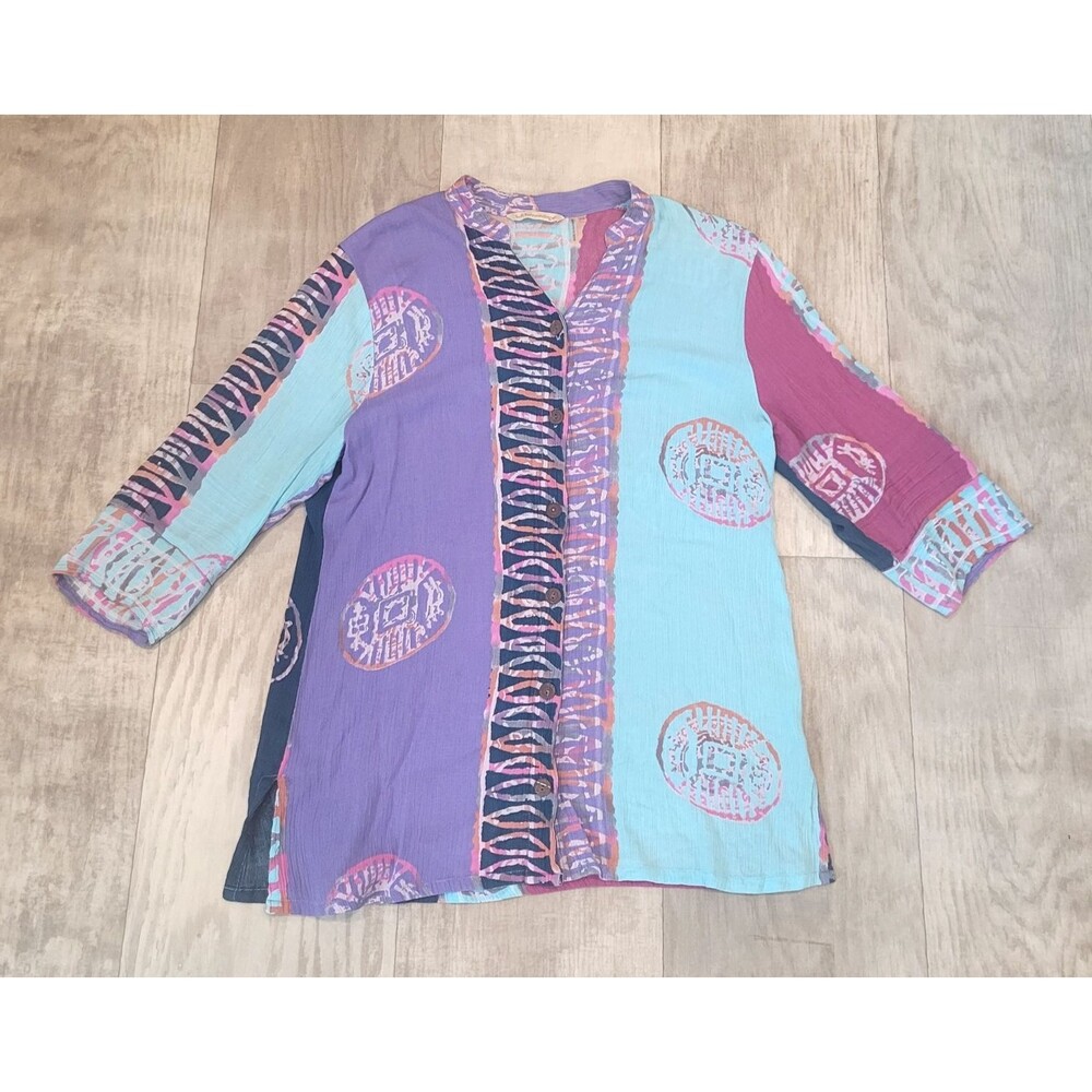 Soft Surroundings Batik Gauzy Tunic Top Blouse Size PM Artsy Button Front Boho